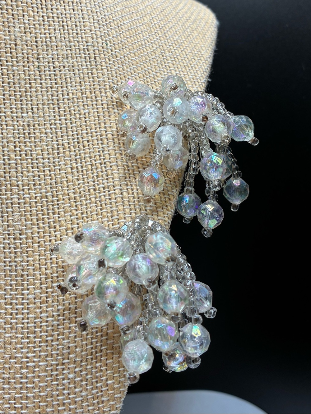 Vintage Iridescent White/Silver Cluster Clip-On Earrings